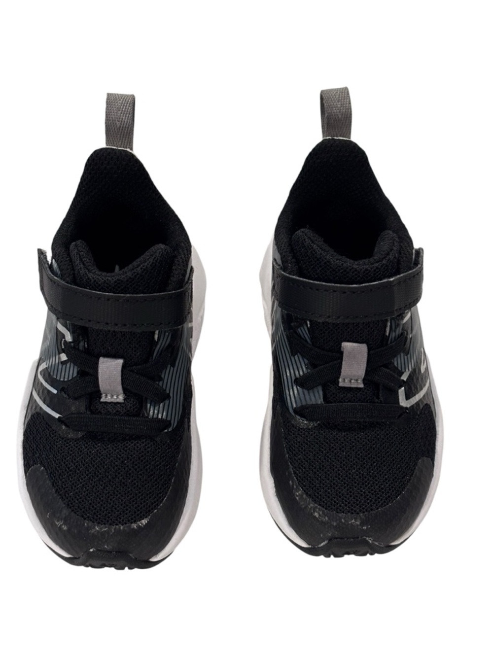 New Balance Black White and Gray Toddler Sneakers with Bungee Lace and Top Strap